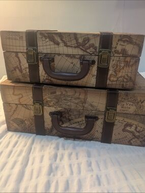 Classic Map-Print Decorative Storage Suitcases with Brown Trim (Set of 2)